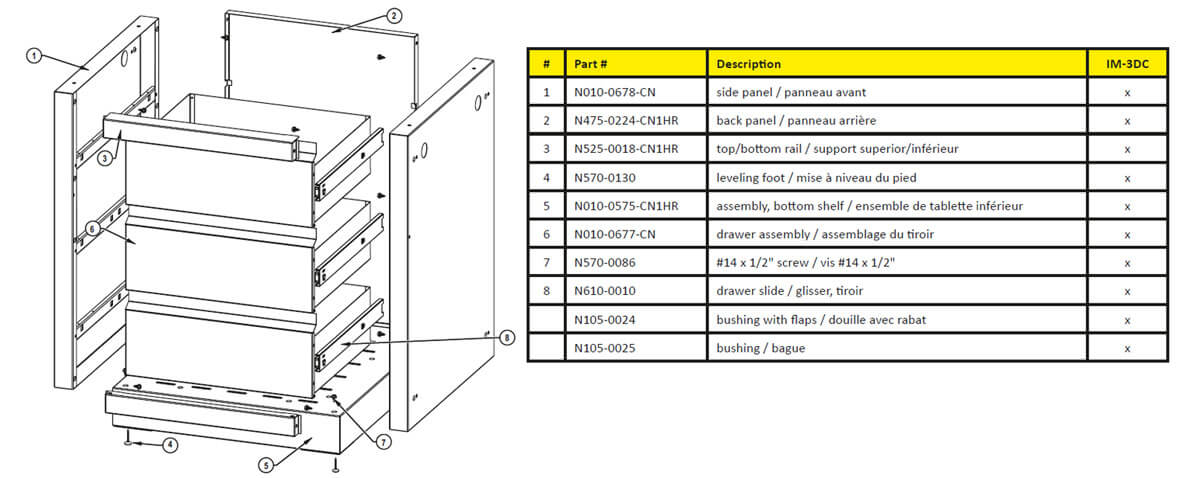 IM-3DC-CN 3er-Schubladenschrank Detailzeichnung
